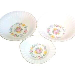 Vintage Edwin M Knowles Semi Vitreous  Floral Handled Plate &2 Bowl Shabby Rose